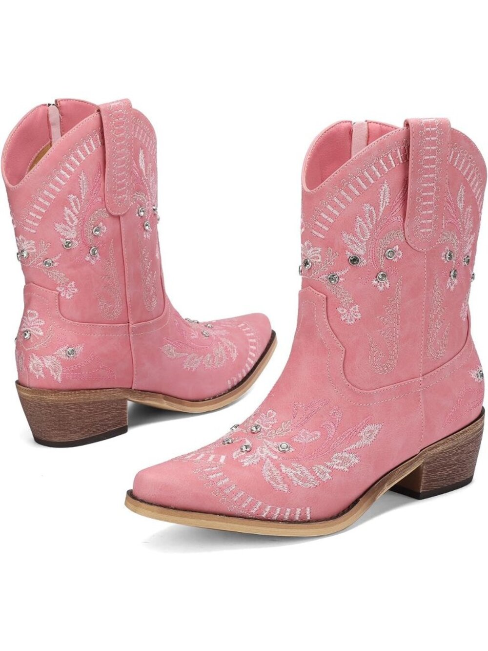 Women's Pink Embroidered Cowgirl Chunky Heel Side Zipper Western Booties - Picture 4 of 7